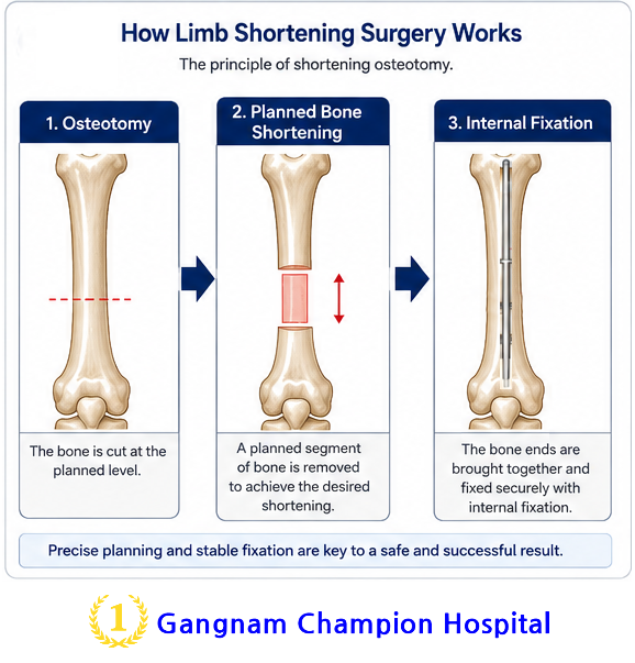 Diagram showing limb shortening osteotomy with planned bone removal and internal fixation